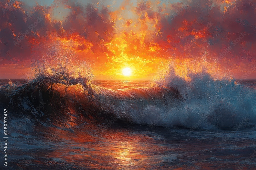 Naklejka premium Vibrant sunset over ocean waves with dramatic clouds illuminating the sky at dusk