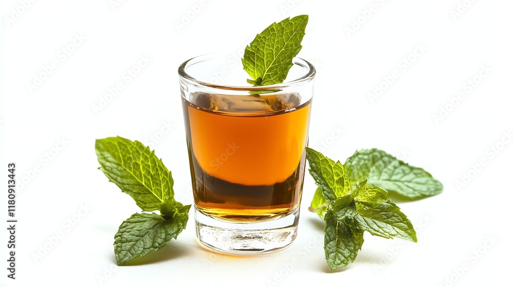Glass of herbal drink with mint leaves on a white isolate background. Glass of herbal drink with mint leaves on a white isolate background.