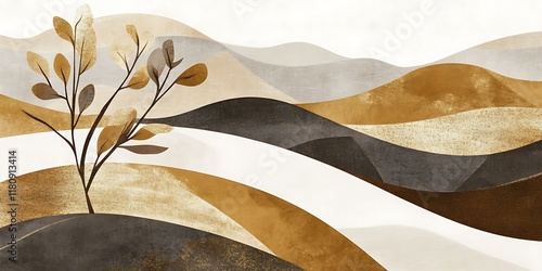 Abstract autumnal landscape; hills, branches, minimalist art; home decor.