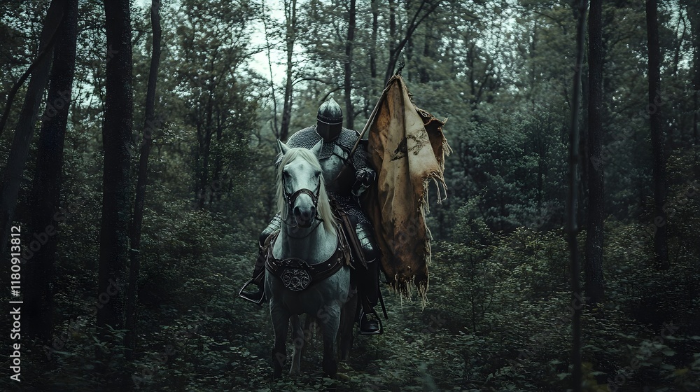 Naklejka premium A photo of a knight on horseback in a dense forest, carrying a tattered banner.