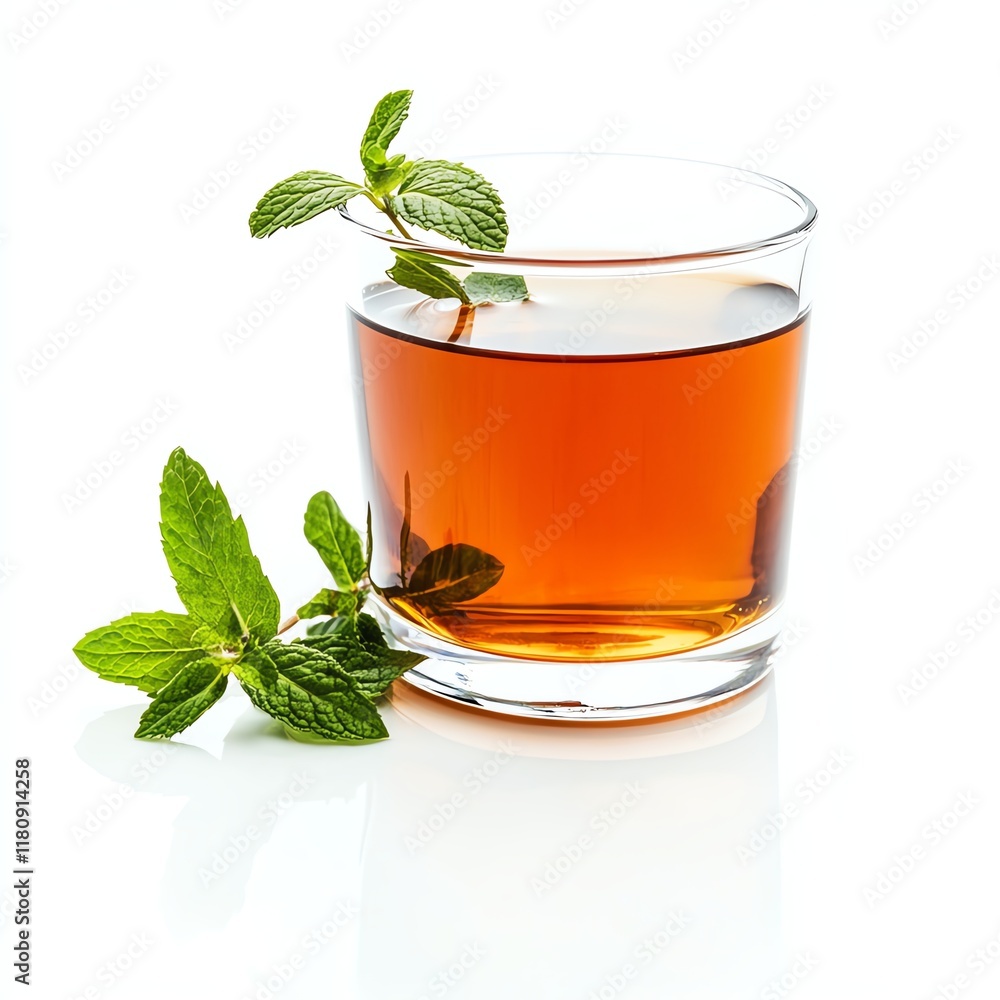 Refreshing drink with mint leaves and a glass on a white isolated background. Refreshing drink with mint leaves and a glass on a white isolated background.