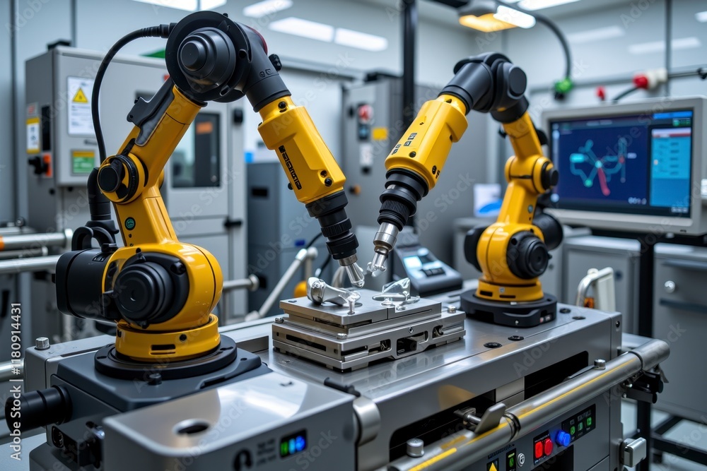 Two Industrial Robots Precisely Assembling Components in Modern Factory Setting Two Industrial Robots Precisely Assembling Components in Modern Factory Setting