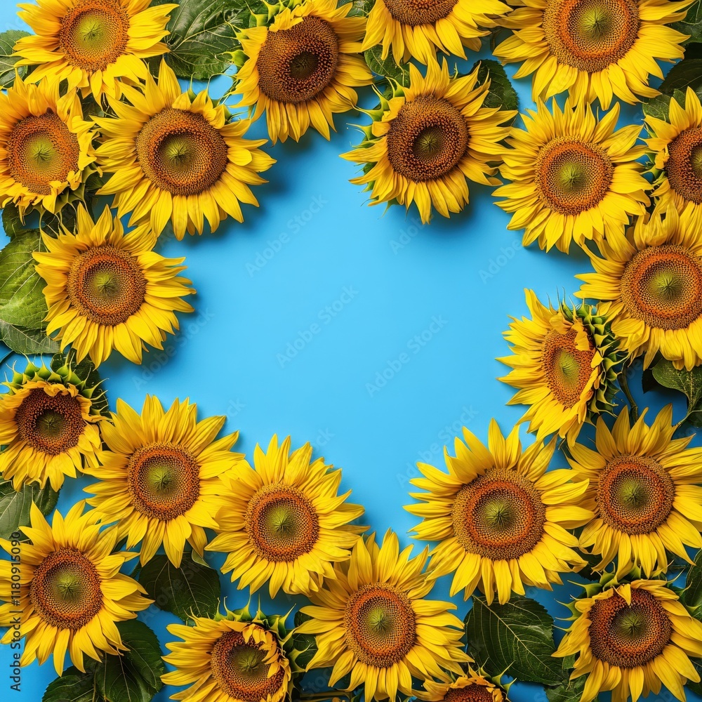 Bright and Cheerful Sunflowers Framed on Vibrant Blue Background for Creative Projects Bright and Cheerful Sunflowers Framed on Vibrant Blue Background for Creative Projects