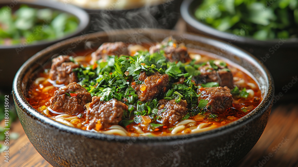 Steaming bowl of beef noodle soup with herbs. Steaming bowl of beef noodle soup with herbs.