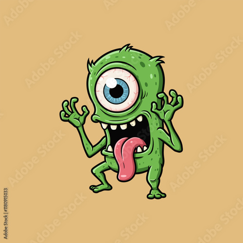 A comical illustration of a single-eyed green monster with a protruding tongue, showcasing a scared or surprised expression.