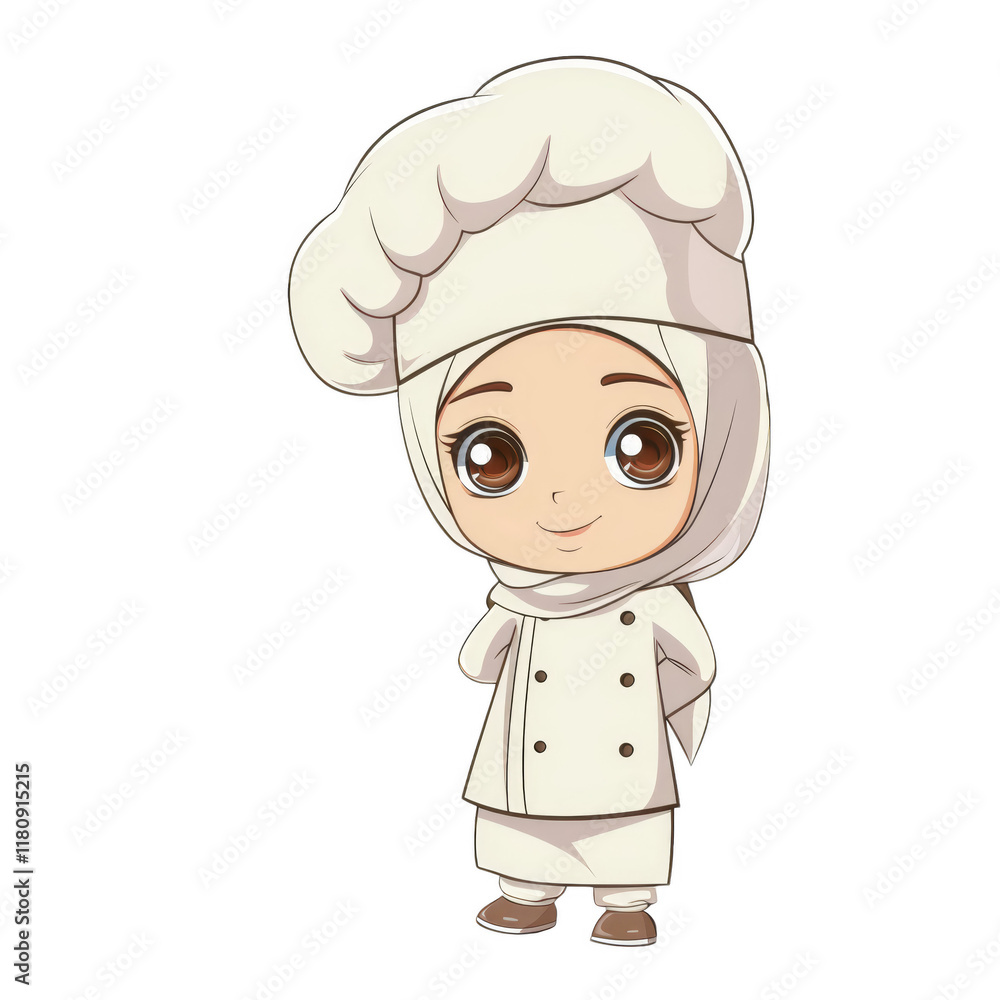 A cute cartoon chef wearing a white chef's hat and uniform, with a white hijab. A cute cartoon chef wearing a white chef's hat and uniform, with a white hijab.