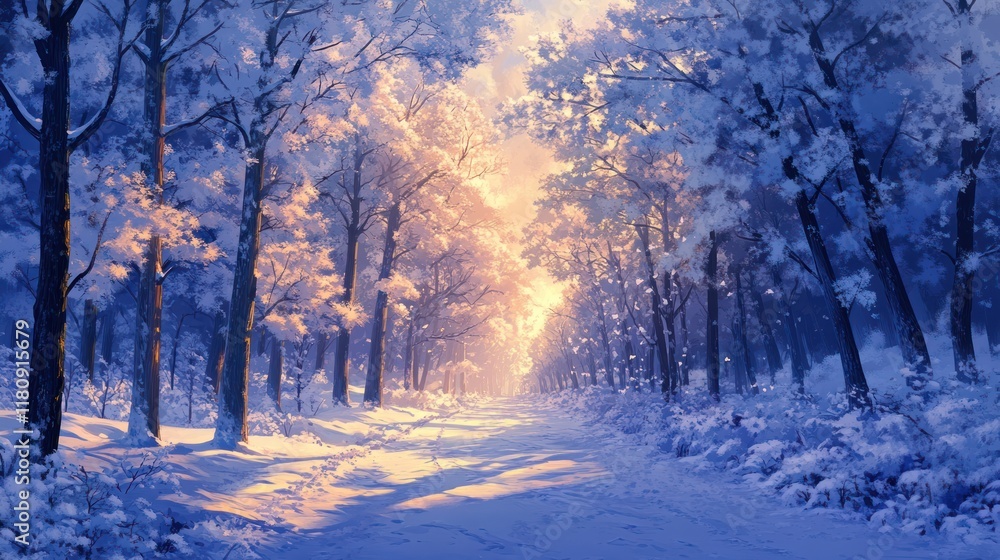Snowy forest path sunrise winter landscape, tranquil scene Snowy forest path sunrise winter landscape, tranquil scene