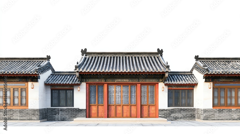 Traditional architectural design with wooden elements and tiled roof, white isolate background. Traditional architectural design with wooden elements and tiled roof, white isolate background.
