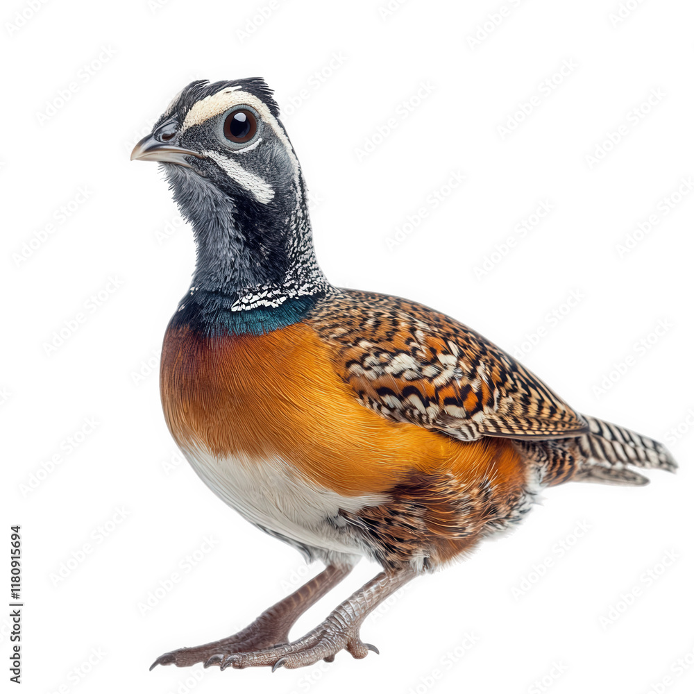 Fototapeta premium colorful bird with intricate plumage. showcasing its distinctive markings and posture the bird is positioned against a plain white background. emphasizing its vibrant colors and unique features. ideal