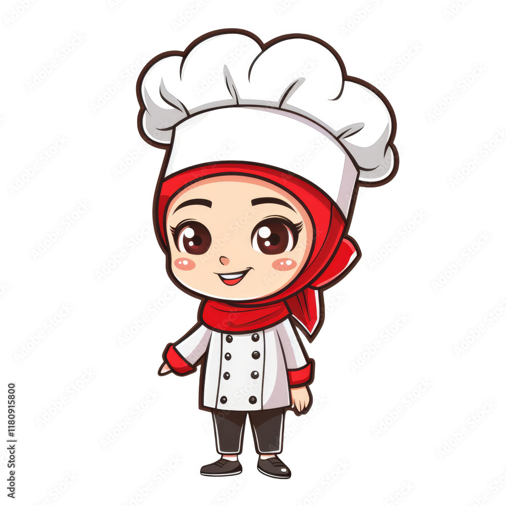 A cute cartoon illustration of a young woman wearing a chef hat and uniform. A cute cartoon illustration of a young woman wearing a chef hat and uniform.