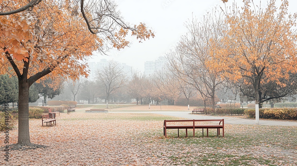 Calm park scene with benches and autumn leaves on a foggy day. Calm park scene with benches and autumn leaves on a foggy day.