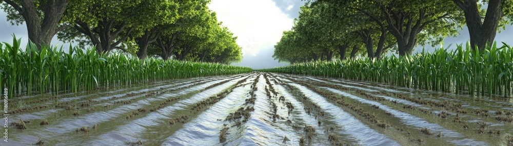 Naklejka premium A serene landscape of a cornfield with trees lining the path, reflecting a peaceful rural scene.