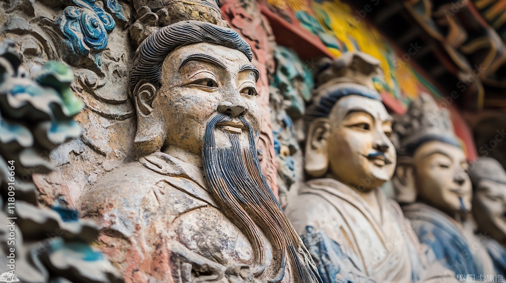 Carved stone figures depicting ancient deities, rich details and vibrant background. Carved stone figures depicting ancient deities, rich details and vibrant background.