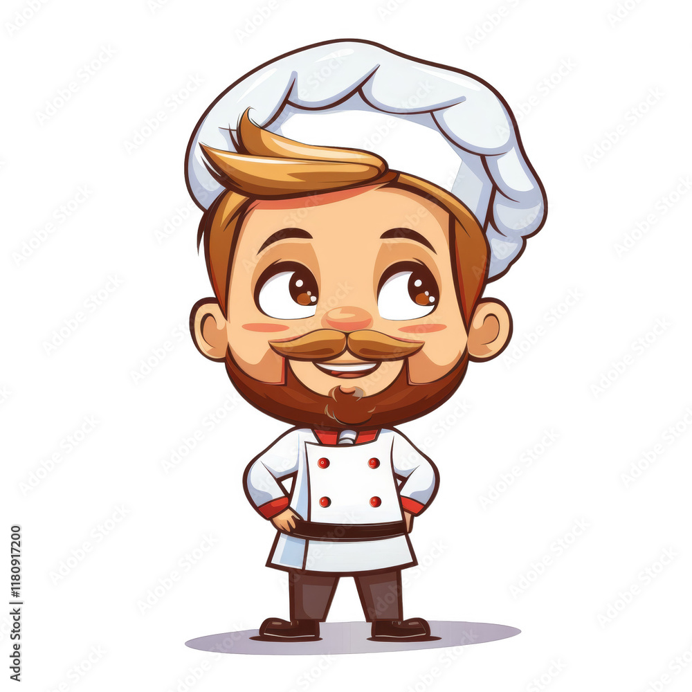 Cartoon illustration of a smiling chef with a white toque and red buttons on his jacket. Cartoon illustration of a smiling chef with a white toque and red buttons on his jacket.