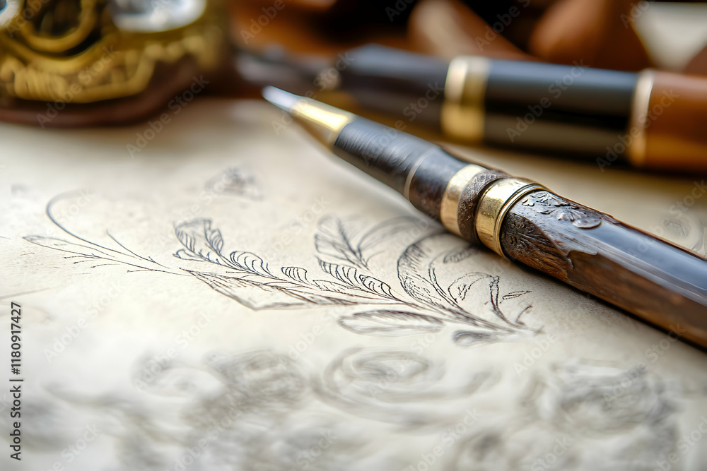 Elegant wooden pen on antique paper drawing. Elegant wooden pen on antique paper drawing.