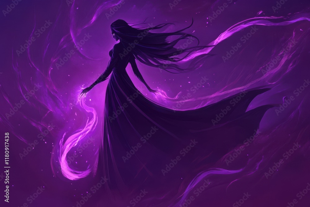 Dark haired woman in purple gown wielding magical energy Dark haired woman in purple gown wielding magical energy