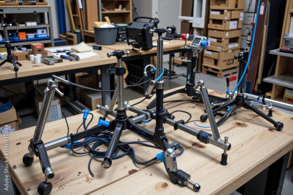 Obraz premium Studio Production Equipment Boom Microphone Stands Accessories on Wooden Table