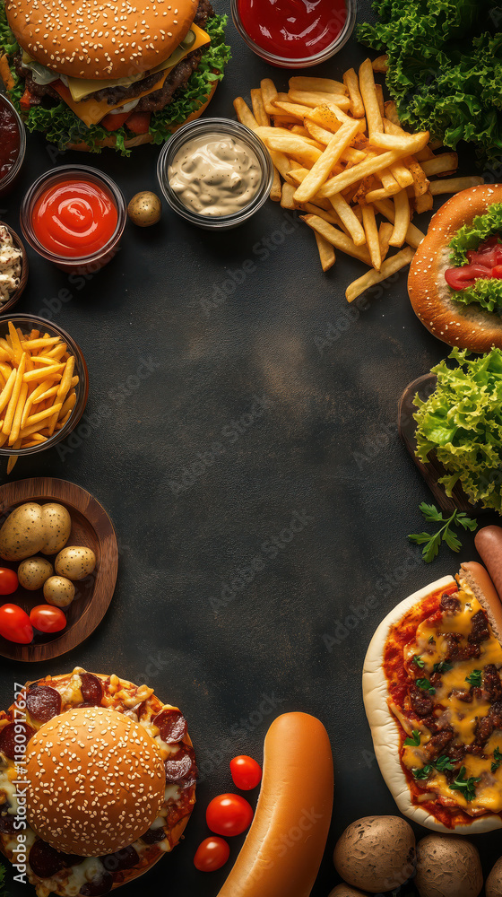 Photography of a variety of fast food items and creating an empty space in the center for text or design elements. Photography of a variety of fast food items and creating an empty space in the center for text or design elements.