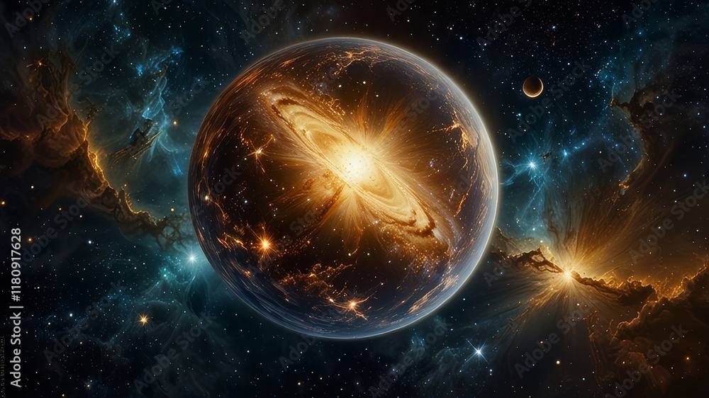 Obraz premium In a celestial masterpiece found deep within vast galaxies, a glowing orb of celestial significance floats majestically, radiating hues of shimmering golds and silvers. This exquisite photograph captu