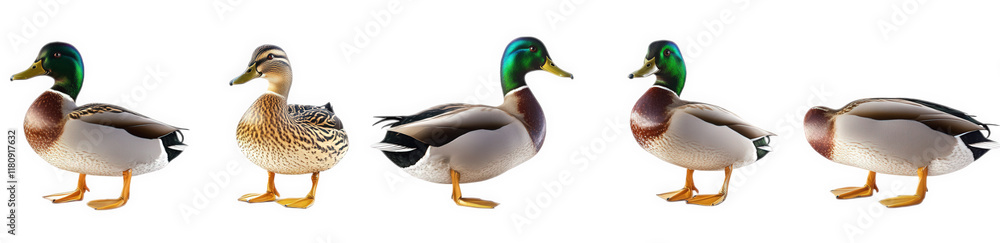 Obraz premium a series of five ducks. specifically mallards. displayed in a row. highlighting their distinct features and colors the arrangement emphasizes their physical characteristics and variations. serving as