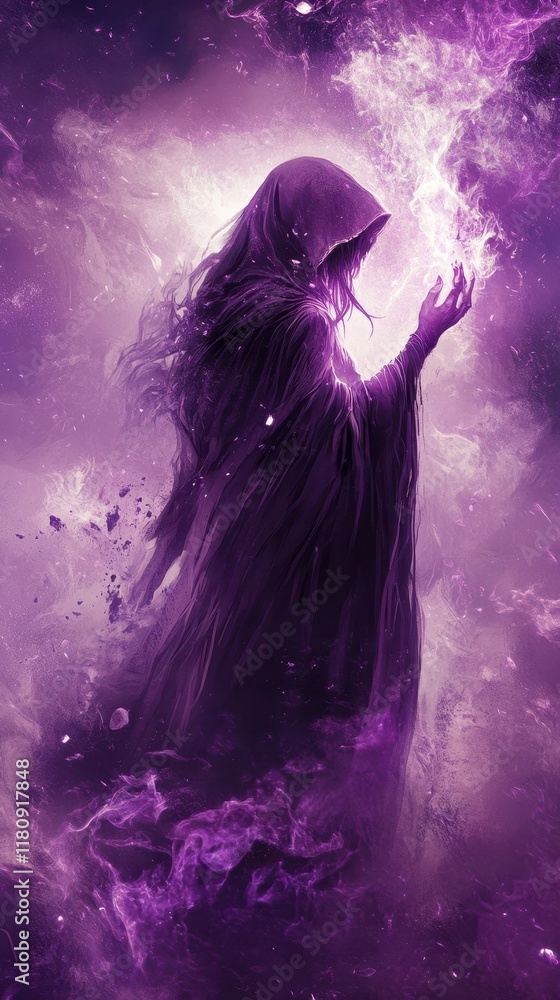 Fototapeta premium Hooded Figure Manipulating Purple Ethereal Energy
