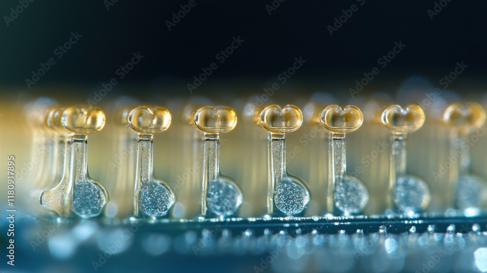 Close-up amber chip contacts, circuit board, bokeh background, tech Close-up amber chip contacts, circuit board, bokeh background, tech