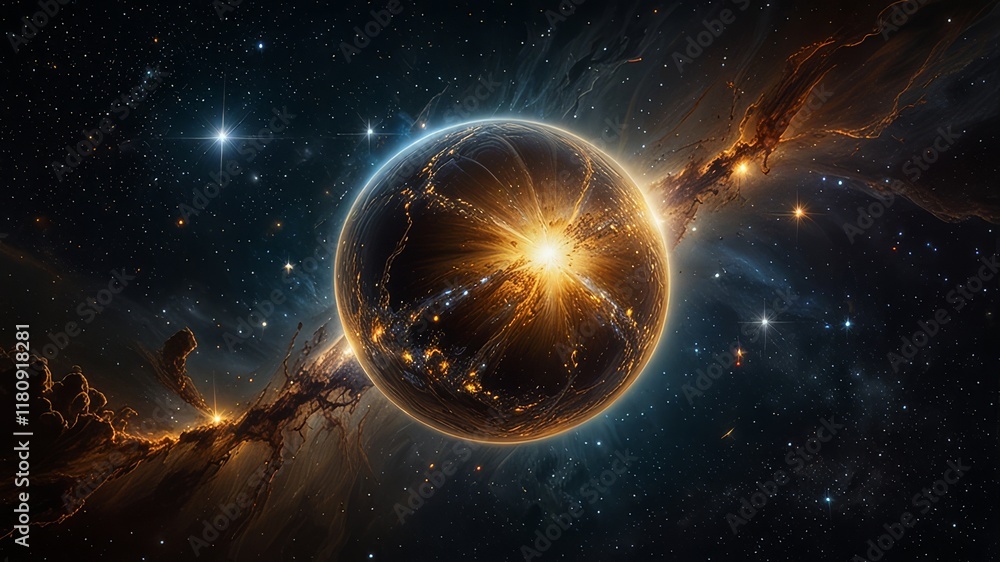 Fototapeta premium In a celestial masterpiece found deep within vast galaxies, a glowing orb of celestial significance floats majestically, radiating hues of shimmering golds and silvers. This exquisite photograph captu
