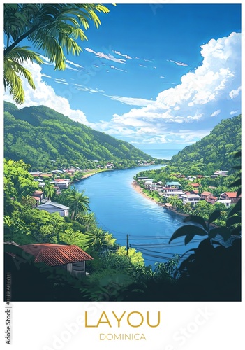 Layou Dominica Travel Poster Flat Illustration Print Decor Gift Canvas Wall Art Gift photo