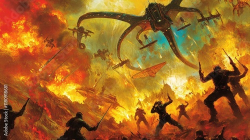 Epic sci-fi battle.  Massive spaceship invasion.  Fierce combat between soldiers and alien war machines.  Flames and explosions fill the sky.  Conflict and destruction.  Warfare.  Alien.  Invasion. photo