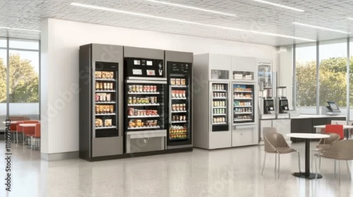 Office pantry area with sleek counters, coffee machines, and casual seating,