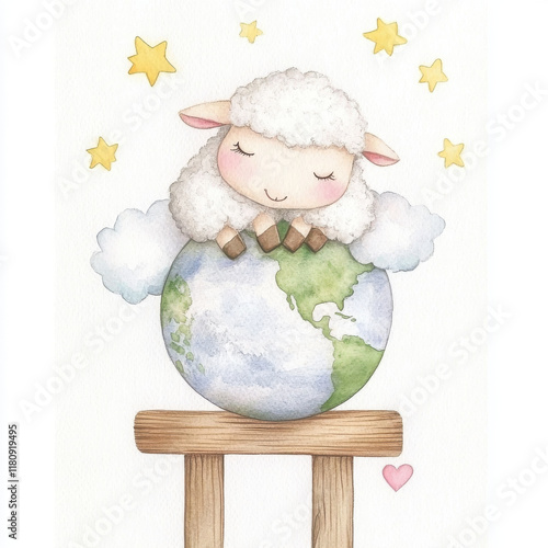 Cute sheep resting on globe surrounded by clouds and stars, evoking sense of peace and harmony. Perfect for children decor or educational materials photo