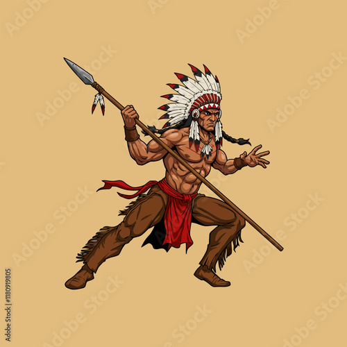 A powerful Native American warrior in full headdress is depicted wielding a spear in a fighting stance.