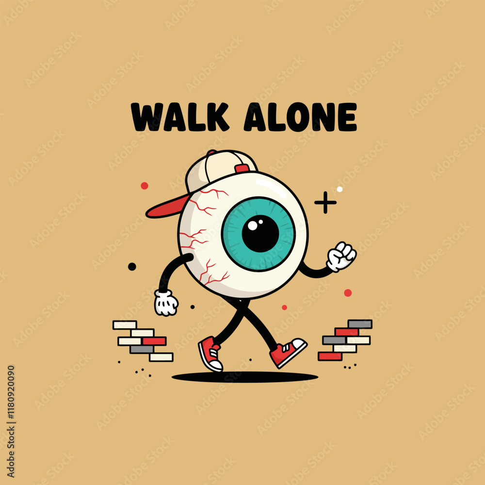 A stylized cartoon eyeball character in a cap and sneakers walks alone on a path of bricks. A stylized cartoon eyeball character in a cap and sneakers walks alone on a path of bricks.