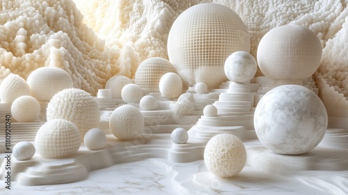 Abstract 3D render of white spheres and textured landscape.