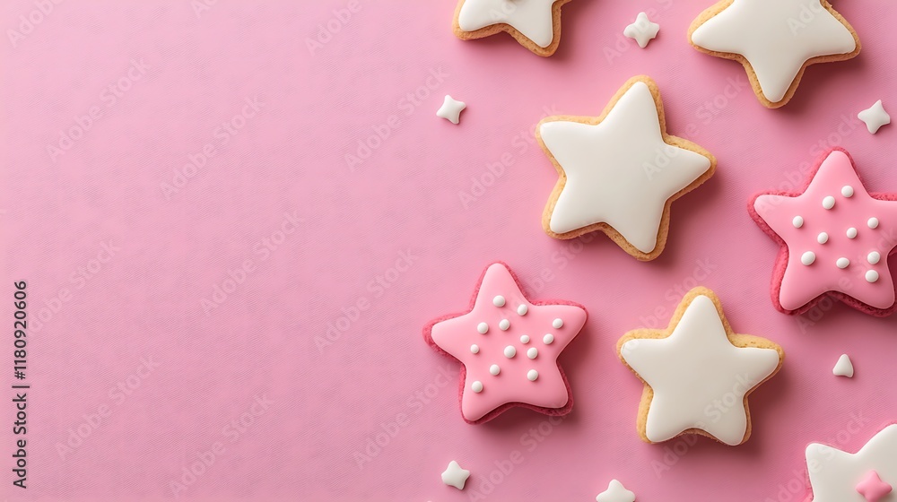 Pink and White Star Shaped Sugar Cookies On Pink Background Pink and White Star Shaped Sugar Cookies On Pink Background