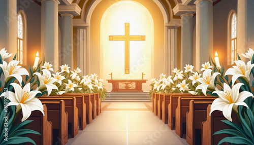 A serene interior of a church featuring wooden pews and a beautifully decorated altar adorned with vibrant white lilies