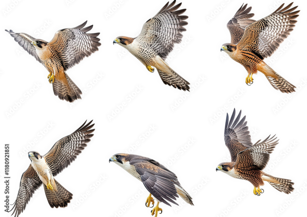 Obraz premium collection of six illustrations of falcons in various flying poses. showcasing their wings and body movements the illustrations highlight the beauty and agility of these birds of prey. ideal for educa