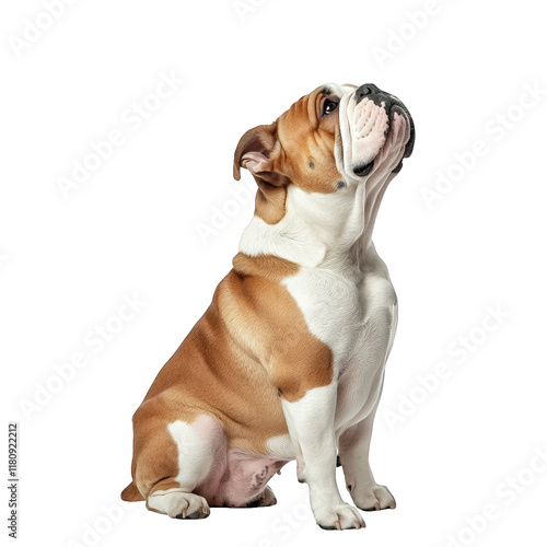 a charming bulldog sits gracefully. gazing upwards with a proud expression its smooth coat features a mix of brown and white patches. highlighting its muscular build and distinctive face the clean whi photo