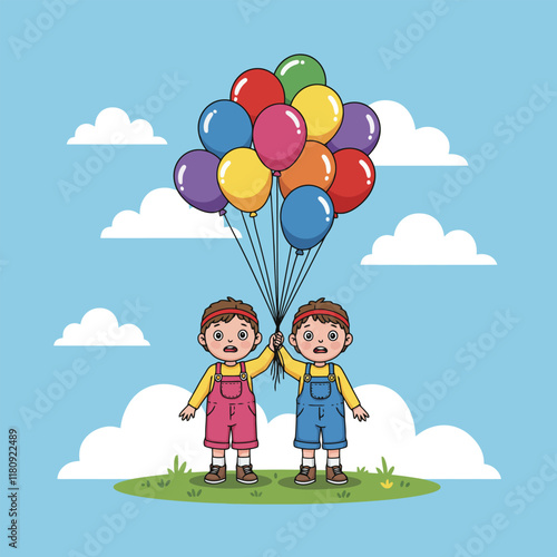 Two twin boys are holding a bunch of colorful balloons outdoors on a grassy patch under a blue sky with clouds.