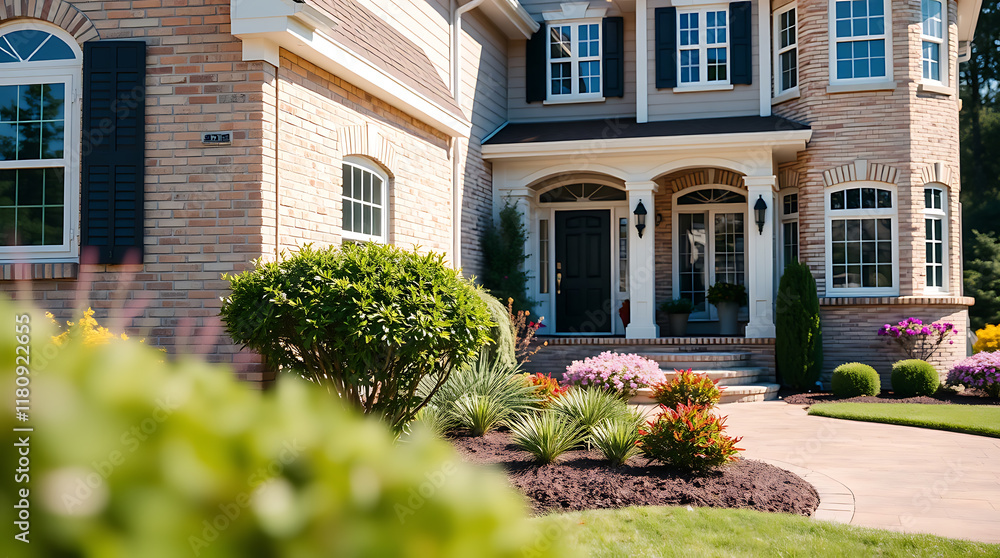A two-story brick house with landscaping. The house features multiple windows, a covered entryway, and a walkway. The landscaping includes manicured shrubs and flowering plants. A two-story brick house with landscaping. The house features multiple windows, a covered entryway, and a walkway. The landscaping includes manicured shrubs and flowering plants.
