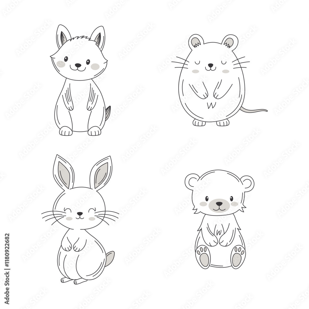 Vignetting Set of Cute Fox Rabbit Mouse Hamster Doodle Cartoon Character Vignetting Set of Cute Fox Rabbit Mouse Hamster Doodle Cartoon Character