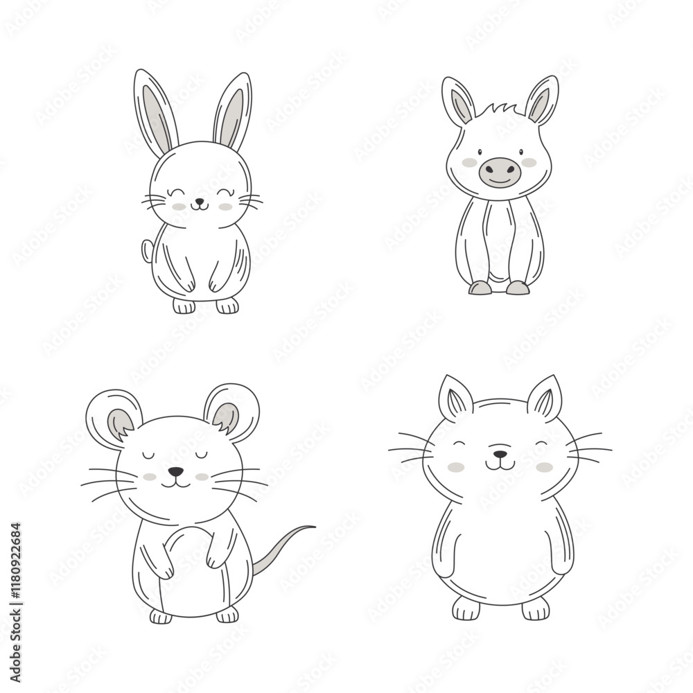 Vignetting Set of Cute Rabbit Pig Mouse Cat Doodle Cartoon Character Vignetting Set of Cute Rabbit Pig Mouse Cat Doodle Cartoon Character