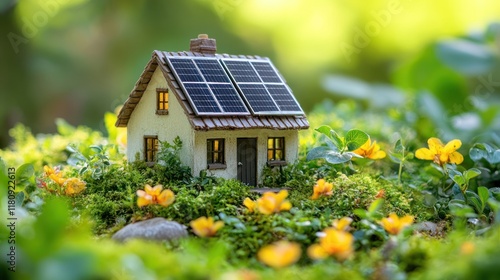 Miniature solar house model in garden setting photo