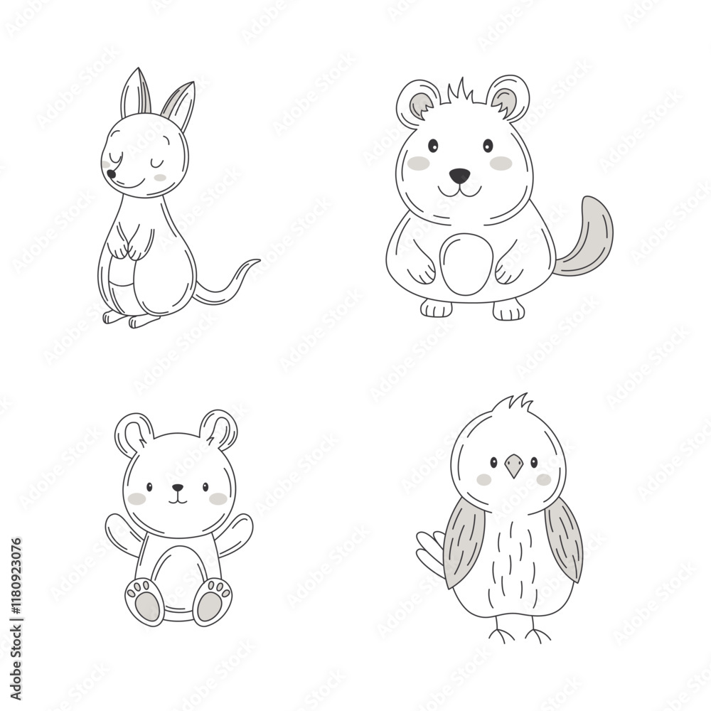 Vignetting Set of Cute Kangaroo Mouse Bear Owl Bird Doodle Cartoon Character Vignetting Set of Cute Kangaroo Mouse Bear Owl Bird Doodle Cartoon Character