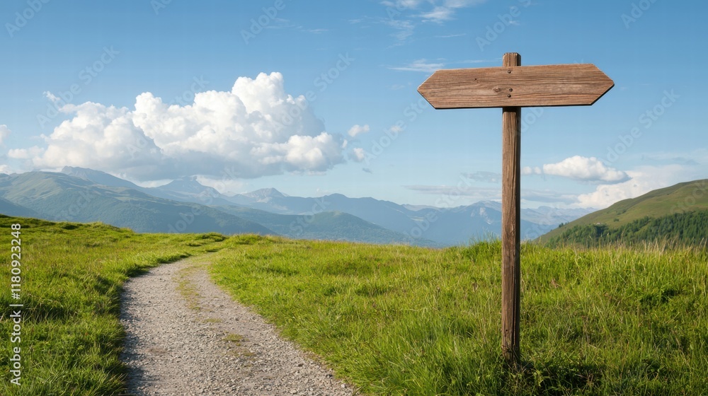 Rustic Wooden Signpost Standing Alone in Serene Landscape with Mountains and Blue Sky Rustic Wooden Signpost Standing Alone in Serene Landscape with Mountains and Blue Sky