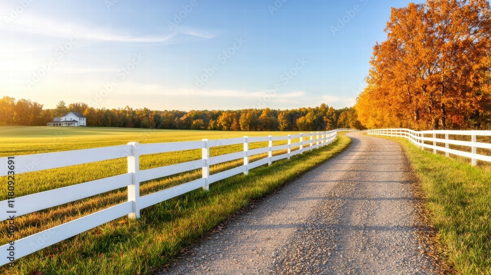 Serene Golden Sunset Over a Winding Pathway by a White Fence in a Tranquil Landscape Serene Golden Sunset Over a Winding Pathway by a White Fence in a Tranquil Landscape