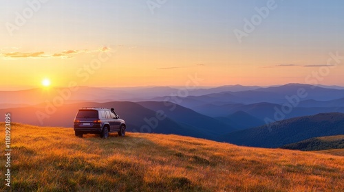 Wallpaper Mural Stunning Summer Morning Landscape with a Vehicle Overlooking Majestic Mountains and Sunrise Torontodigital.ca