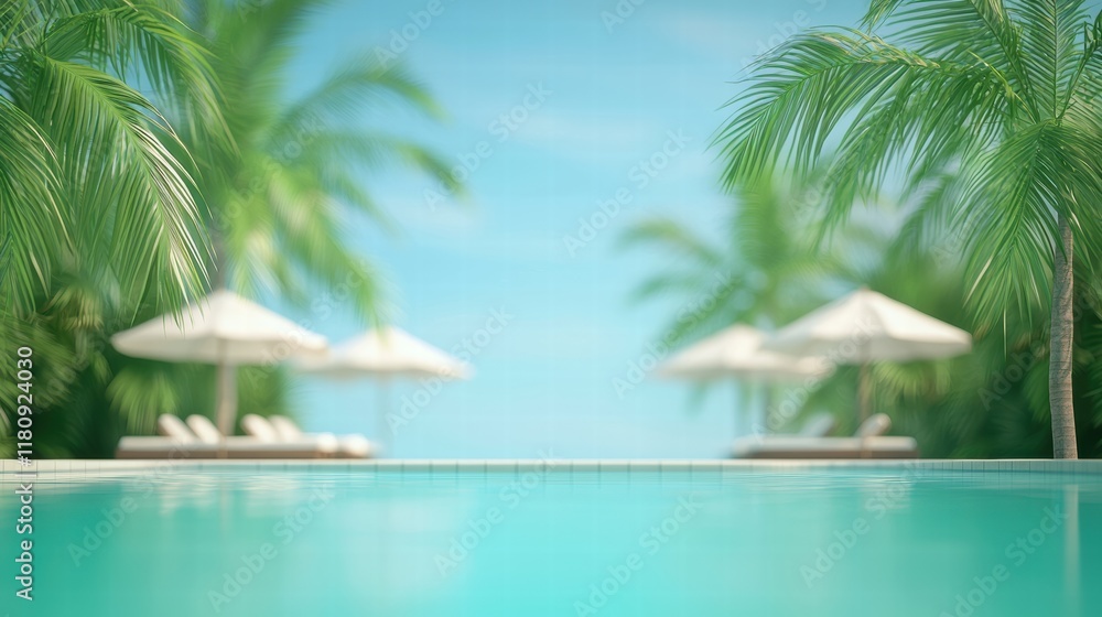 Fototapeta premium Serene Morning at a Resort Pool with Lush Palm Trees and Tranquil Atmosphere
