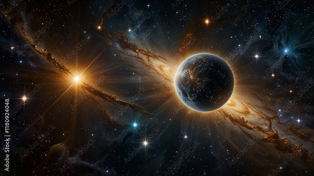 Obraz premium In a celestial masterpiece found deep within vast galaxies, a glowing orb of celestial significance floats majestically, radiating hues of shimmering golds and silvers. This exquisite photograph captu