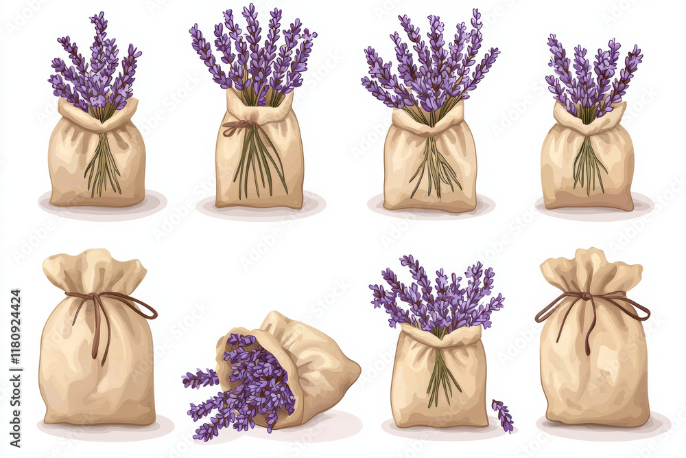 Naklejka premium Hand drawn illustration of lavender in bags, showcasing beauty and charm